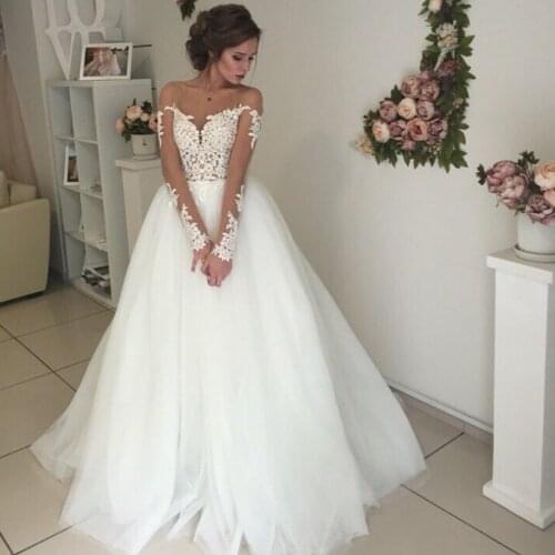 Vestido De Noiva Appliques Lace Illusion Sheer Scoop Neckline Long Sleeve Tulle Wedding Dresses