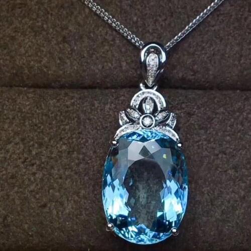 Natural blue 12*16mm topaz gem Pendant natural gemstone pendant necklace 925 sterling silver Fashion round girl gift jewelery