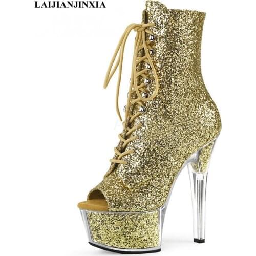 LAIJIANJINXIA Queen Fashion Sexy Fetish Platform Women Boots 15 Cm Stripper Heels Pole Dance Shoes Lace Up Peep Toe Short Boots