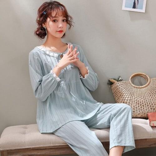 Pajamas ladies cotton loose plus size home service elegant nightwear spring and autumn lace sexy nightwear temptation night