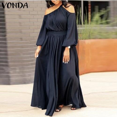 VONDA Women Dress Autumn Skew Collar Pleated Maxi Dresses Loose Solid Long Sleeve Off Shoulder Party Vestidos Oversized Sundress