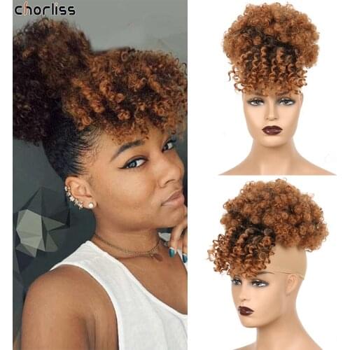 Puff Kinky Curl Synthetic Chignon With Bangs Clip In Hair Extension Ombre Gray Short Bun Chignon Drawstring Ponytail For Women