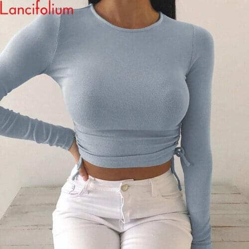 Sexy Knit Ribbed Long Sleeve Crop Top Women Autumn Fall 2020 Tie Side Drawstring Egirl Y2k Cute Baddie Cropped Tee Shirt Tshirt