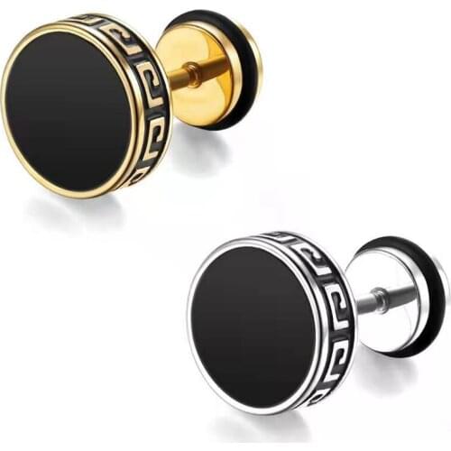 Male Stainless Steel Gold Silver Plated 10mm Barbell Stud Earring Round Drop Oil Porcelain Punk Ear Jewelry Titanium Men Brincos