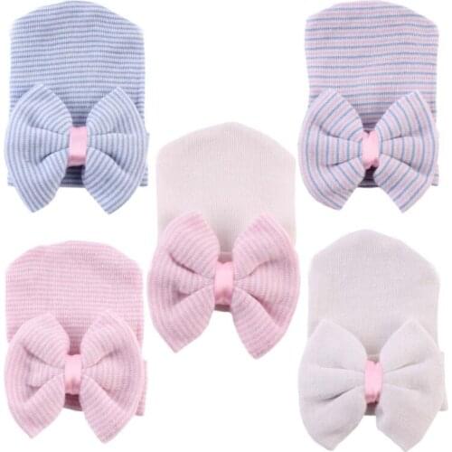 Fashion Lovely Bow Knot Newborn Baby Hat Soft Cotton Beanie for Infant Girls Knitting Striped Caps for 0-6 Months Toddler