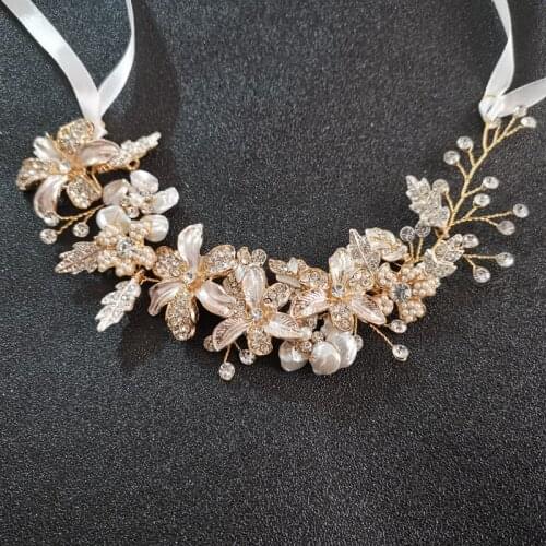 SLBRIDAL Handmade Golden Crystals Rhinestones Freshwater Pearls Wedding Hair accessories Hairband Bridal Headband Women Jewelry