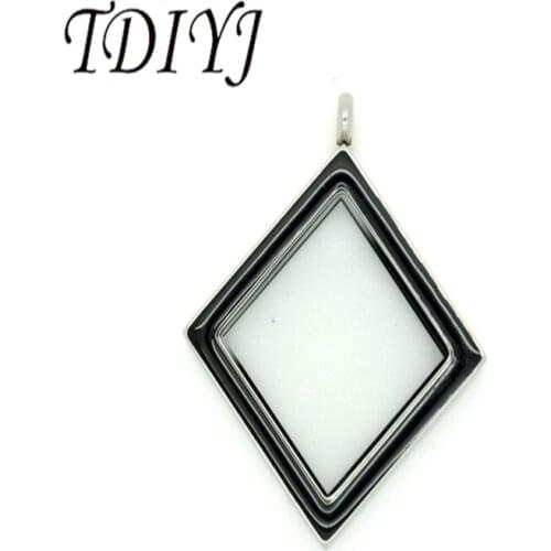 TDIYJ Wholesale 30*30mm Rhombus Stainless Steel Magnetic Floating Glass Black Locket Pendant Necklace for Women 1Pcs