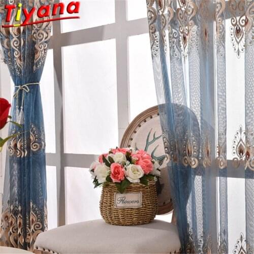 Phoenix Feather Golden Thread Embroidery Tulle Curtain for Living Room High Quality Luxury Blue Window Drapes for Villa HM167#30
