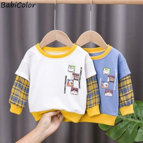 Spring And Autumn Boys ClothesTop Sweater Personalized Plaid Sleeve Stitching Letter Cartoon Pattern
