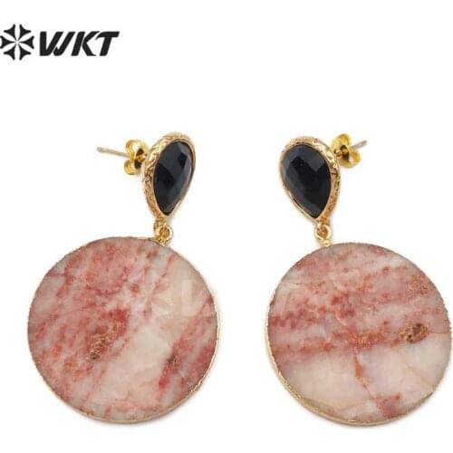 WT-E562 New!!! natural slice natural stone with gold Earring circular shape gem slice Earrings pearl charm women fashion Jewelry