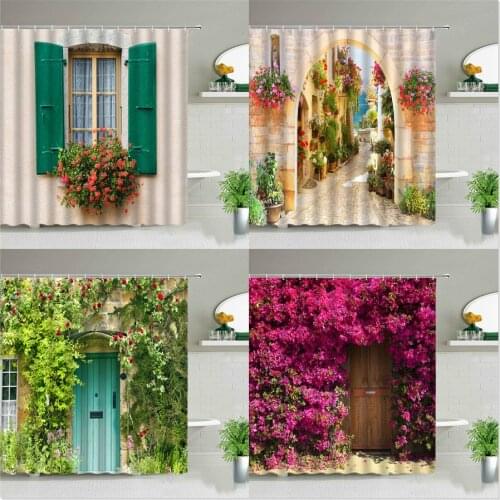 Street Flowers Plant Shower Curtain Retro Building Old Door Rural Scenery Background Wall Decor Hanging Curtains Set With Hooks