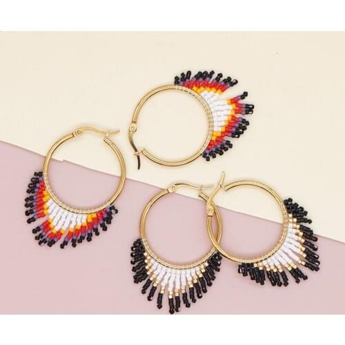 Go2Boho Hoop Earrings for Women Ethnic Native Style Jewelry Stainless Steel Ear Ring 2021 Handmade Drop Beaded Fringe Earring