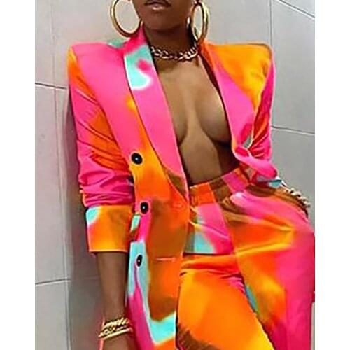 Spring Autumn Turn Down Collar Long Sleeve Colorblock Buttoned Blazer Coat & Pants Sets 2PCS Fashion Womens Workwear Jacket Suit