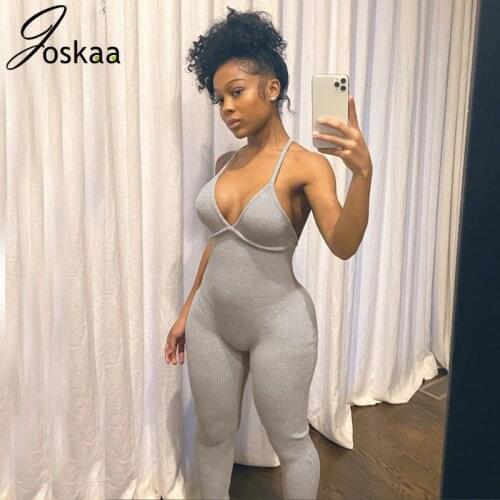 Joskaa Ribbed Jumpsuit Women Club Streetwear Bodycon Rompers Backless Wear Outfits Pullover Summer Sexy Strap Active Sports Wear