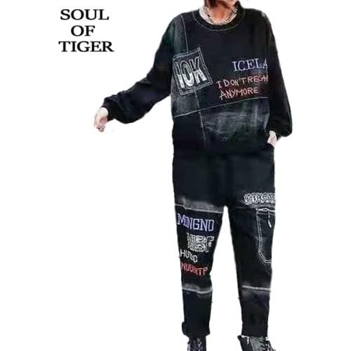 SOUL OF TIGER Black Suits 2021 Autumn Tracksuit Women Printed O-Neck Tops And Loose Elastic Harem Pants Hiphop Two Pieces Sets