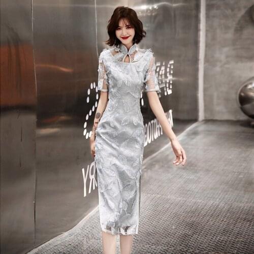 Gray Lace Feather Qipao Chinese Traditional Dress Elegant Chinese Style Women Elastic Force Cheongsam Vestido Vintage Oversize