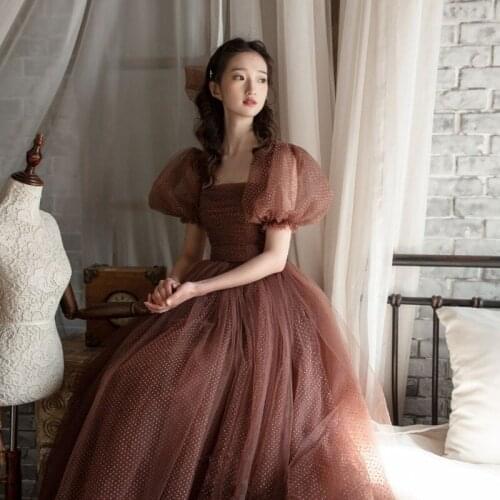 French Vintage Women Casual Puff Sleeve Square Neck A-line Tulle Dress Female Backless Evening Party Dress Toast Clothing