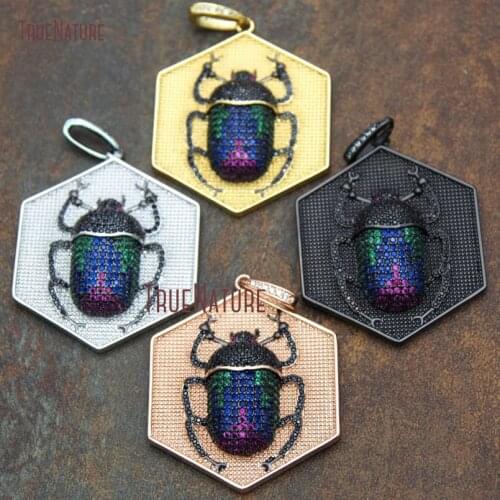 Gold Silver Color Hexagonal Shape Colorful Zircon Beads Micro Pave Beetle Insect Necklace Pendant In 44*35 mm PM10335