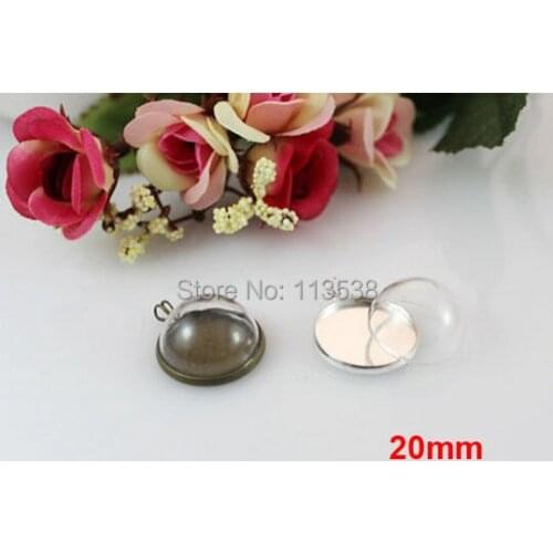 5sets/lot silver plated color 20mm glass dome globe with vial pendant setting base necklace jewelry half glass cover