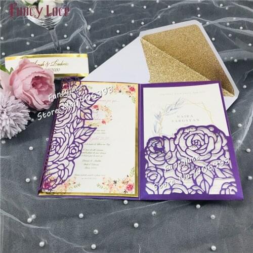 50pcs Wedding Invitations Cards Laser Cut Rose Wedding Party Cards, Elegent Wedding Favors and Gift Card Paper RSVP cards