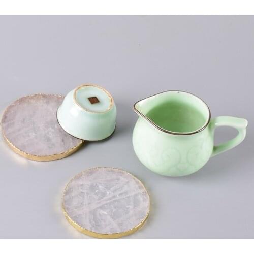 8-10 cm Gems Crafts Pad Rock Quartz Round Shape slice Natural Stone Electroplated gold Edge Coaster Cup Beverage Holder Mat