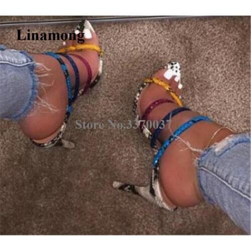 Women Sexy Pointed Open Toe Snake Leather Stiletto Heel Sandals Mixed-colors Straps Slip-on High Heel Sandals Dress Heels Shoes