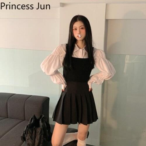 Women Sweet Matching Outfits Students 3 Piece Sets Chic Puff Sleeve Shirt High Waist Pleated Skirt Camisole Three Piece Suit