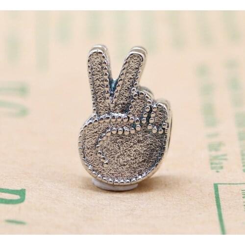 Authentic 925 Sterling Silver Victory V finger beaded Fit Original Charms Bracelet Necklace Pendant DIY Jewelry Making