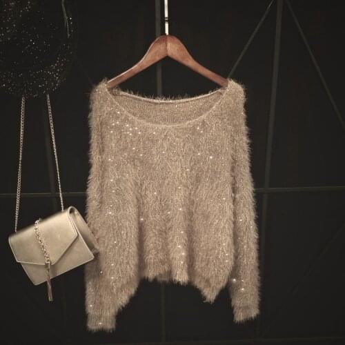 Cakucool 13colors Sequined Sweaters Women Long Sleeve Shiny Faux Mink Hair Jumper Round neck Casual Loose Pullover Sweater Femme