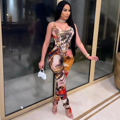 2021 Best Quality Famous Brand Jumpsuits Tie Dye Spaghetti Strap Summer Sexy Night Club Bodycon Rompers