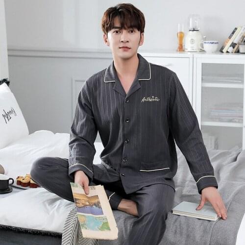M-3XL Men Cotton Pajamas Sets Sexy Turn-Down Collar Pyjamas Suit Sleepwear Nightwear Stripe Lounge 2021 Summer Home Clothes