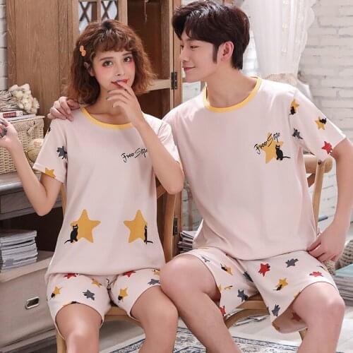 Cute Cartoon Pullover Short Sleeve Pants Pajama Couples Lovers Jammies O-Neck Casual Sleepwear Nightwear Pyjamas 6535 Cotton HDE
