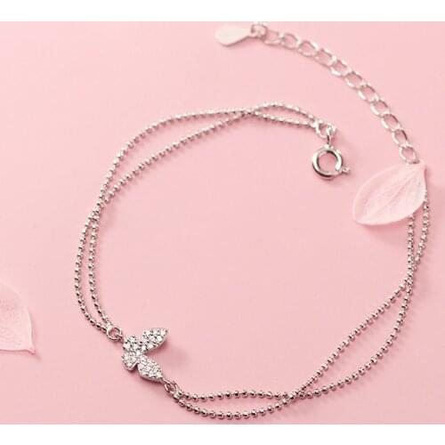 Fashion 925 Silver Double Layer Chain Bracelets Full Rhinestone Butterfly Charm Bracelets For Women Jewelry Accessories 2021
