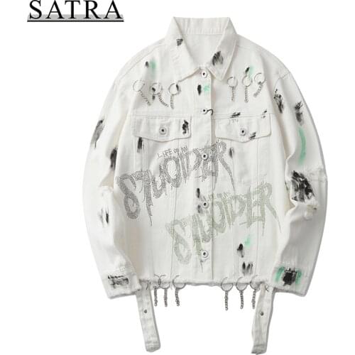 SATRA 2021 Hip Hop Hot-fix Rhinestone Jeans Jacket Streetwear Men, Mens Trend Punk Cowboy Ripped Distressed Denim Jacket coat