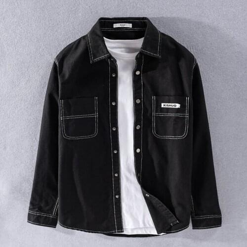 100% Cotton thick shirt of jacket for autumn and spring long sleeve black shirts for men casual solid shirt mens retro brand