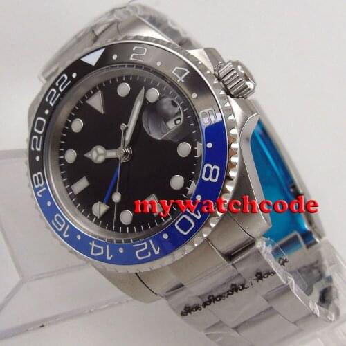 40mm Bliger sterile black dial ceramic black date window blue bezel GMT sapphire glass automatic mens watch 176