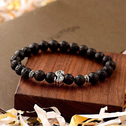 Lucky Classic Lava Stone Beads Bracelet For Men Handmade Dollar Shape Women Bracelets & Bangles Jewelry Pulseira Hombres