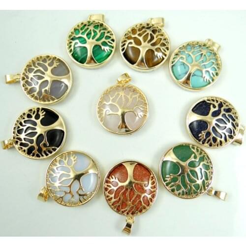 Natural Stone Quartz Crystal tiger eye Turquoises Tree of Life Round Shaped pendant for diy jewelry making necklace10pcs