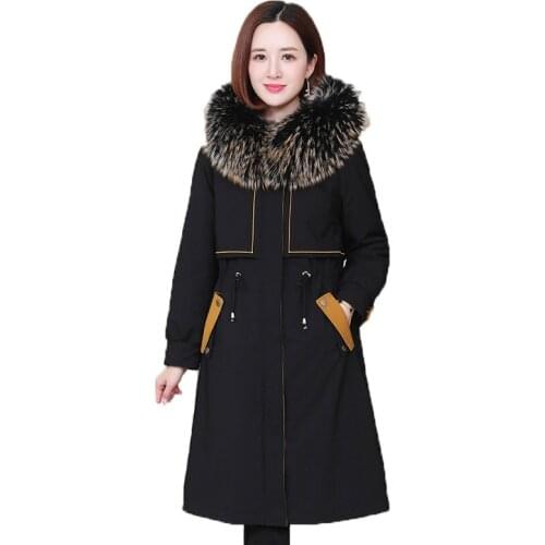 Raccoon Fur Collar Parkas Womens Long Drawstring Waisted Elegant Double-Faced Fur Overcoat Real Rabbit Fur Liner Winter Coat