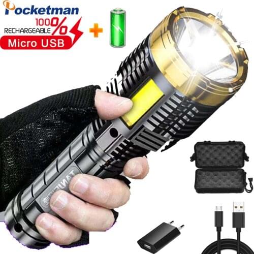 30000LM Portable LED Flashlight Waterproof Torch Lanterna USB Rechargeable Fishing Camping Lamp With Sidelight Built in Battery