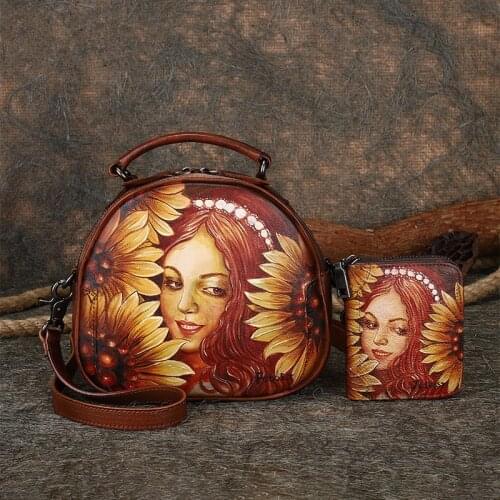 Original Fashion Leather Women Handbags ladies small portable hand-painted first layer cowhide leather shoulder bag + wallet