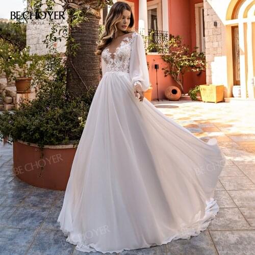 Wedding Dress Romantic Appliques A-Line Boho Sweetheart Long Sleeve Bride Gown 2021 New BECHOYER SN20 Princess Vestido De Noiva