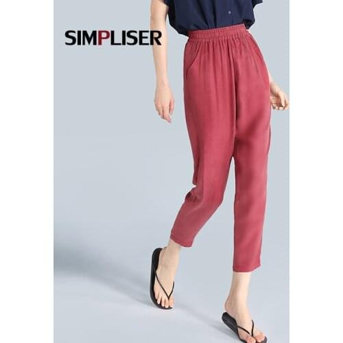 Cupro Fabric Women Casual Capri Pants Elastic High Waist Female Loose Harem Pants 2021 Summer Thin Mom Pants Black Wine Red