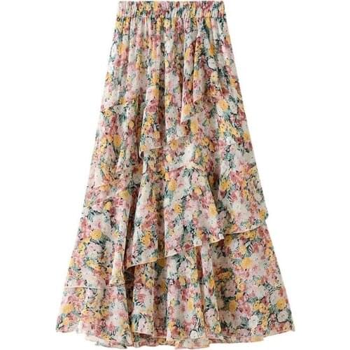 2021 Summer Floral Chiffon Midi Skirts Women Korean Fashion High Waist Sweet Casual Irregular Mermaid Skirt Female Ruffles