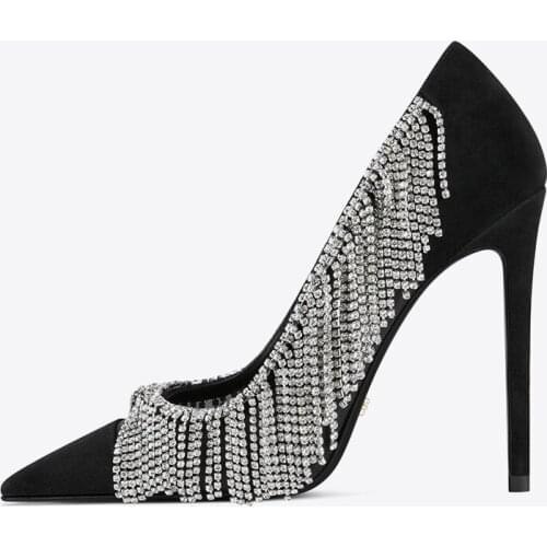 Womens Pointy Toe Rhinestones Crystal Tassels Stilettos High Heel Shoes Pumps Luxury Party Wedding Banquet Black DIY New 2022