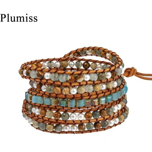 Plumiss Mix Natural Stone Freshwater Pearl Wrap Bracelet for Women Crystal Labradorite Beaded Boho Bracelet Ethnic Femme Jewelry