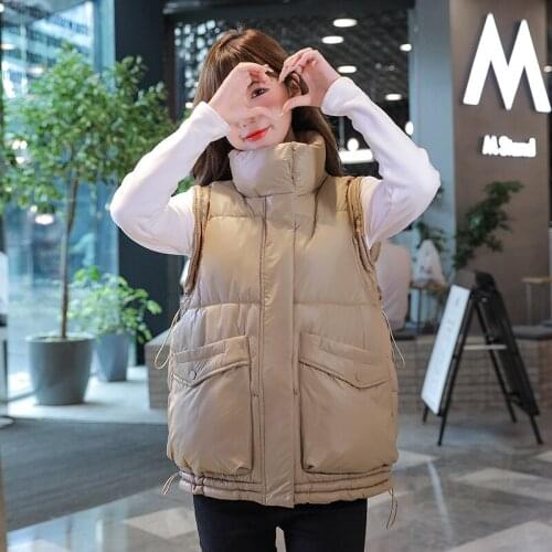 Womens Solid Puffer Vest Stand Collar Pockets Ladies Casual Sleeveless Jacket Autumn Winter Vests Khaki Waistcoat for Female