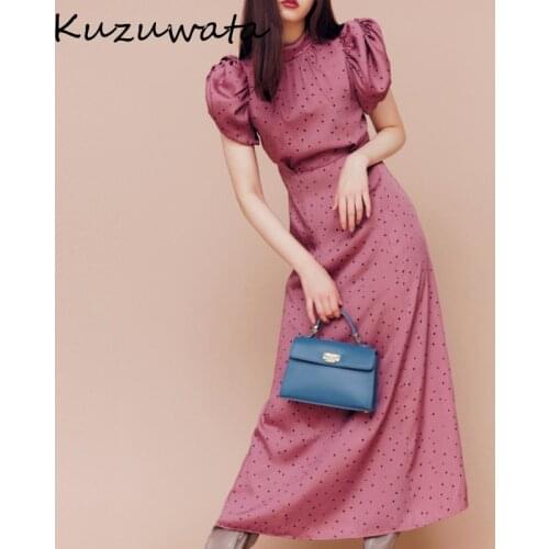 Kuzuwata 2021 Autumn New Robe Sweet Japanese Women Dresses Half Hign Collar Puff Sleeve Dot Backless Drawstring Slim Vestidos