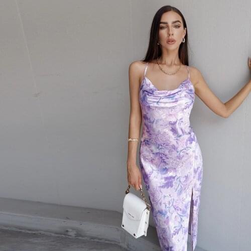 Women Sexy Backless Floral Print Dress Fashion Sleeveless Split Dress for Ladies Female