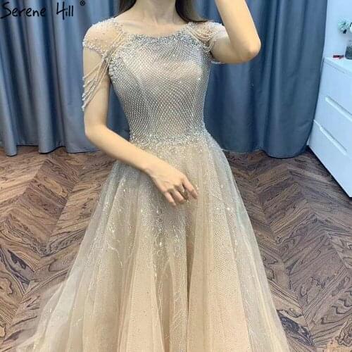 Serene Hill Champagne Luxury A-Line Evening Dresses Gowns 2020 Cap Sleeves Beading Tassel For Women Party LA70904